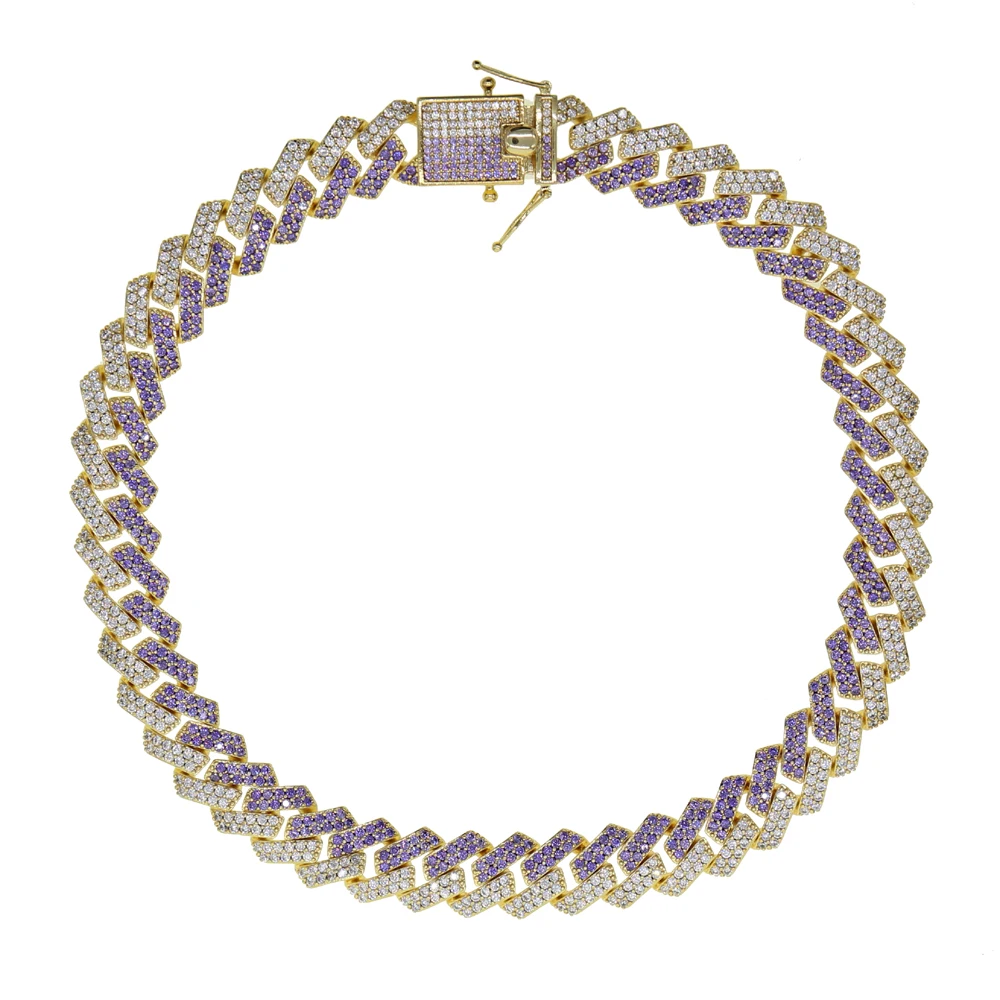 

Hip Hop Miami Curb Cuban Chain with colorful cz paved Gold Silver wide band Bling Rapper chain necklace For women Men Jewelry