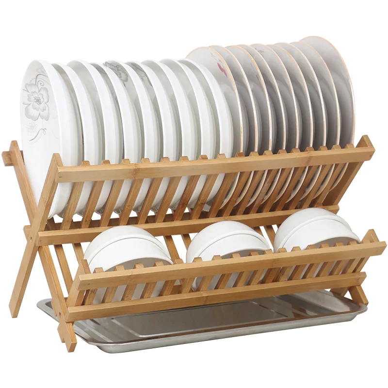  Bowl shelf tableware rack double layer kitchen drain rack bamboo dish rack storage rack kitchen app - 4000456029565