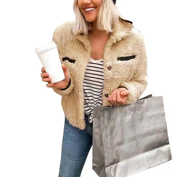 

New plush jacket women's temperament button pocket lapel ladies jacket