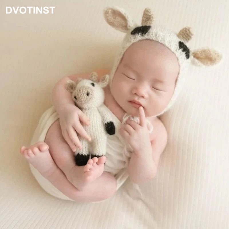Dvotinst Newborn Baby Photography Props Knitted Crochet Cute Cow Ox Doll Hat Bonnet Wrap Studio Shoots Accessories Photo | Детская