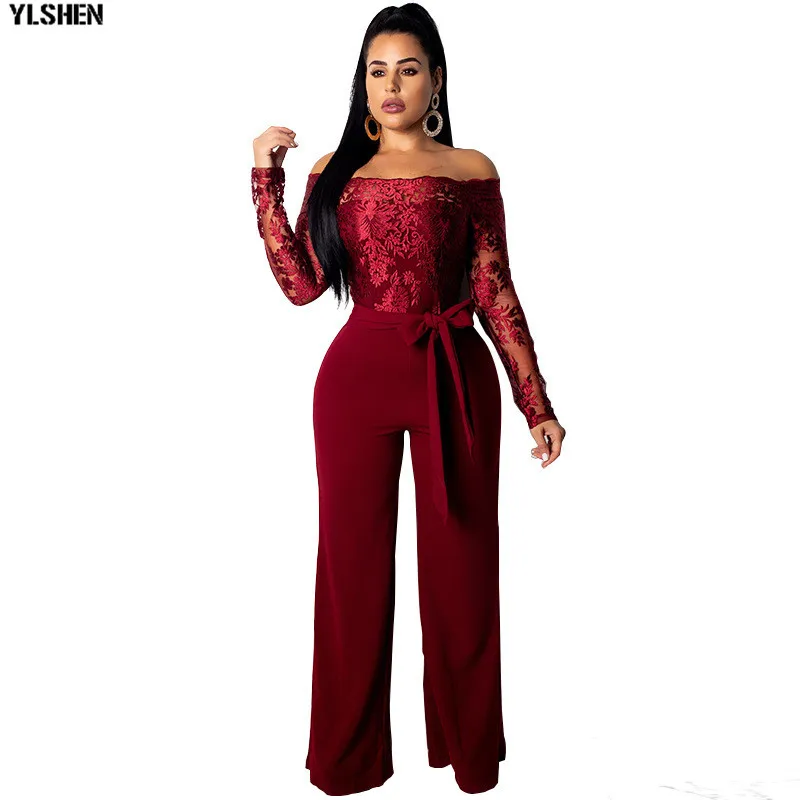 Women Jumpsuit Sexy Lace Ladies Jumpsuits Party Casual Wide Leg Overalls Off Shoulder Long Sleeve Romper Skinny Rompers Trousers 25