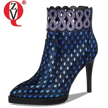 

ZVQ winter new fashion sexy ankle boots outside super high heels platform pointed toe zip crystal party women shoes size 33-40