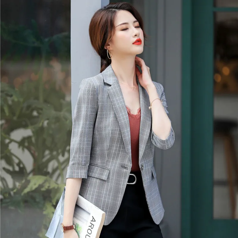 Female Elegant Formal Office OL Fashion Casual Grey Blazer Women Jackets Half Sleeve Ladies Work Wear Business Clothes OL Styles