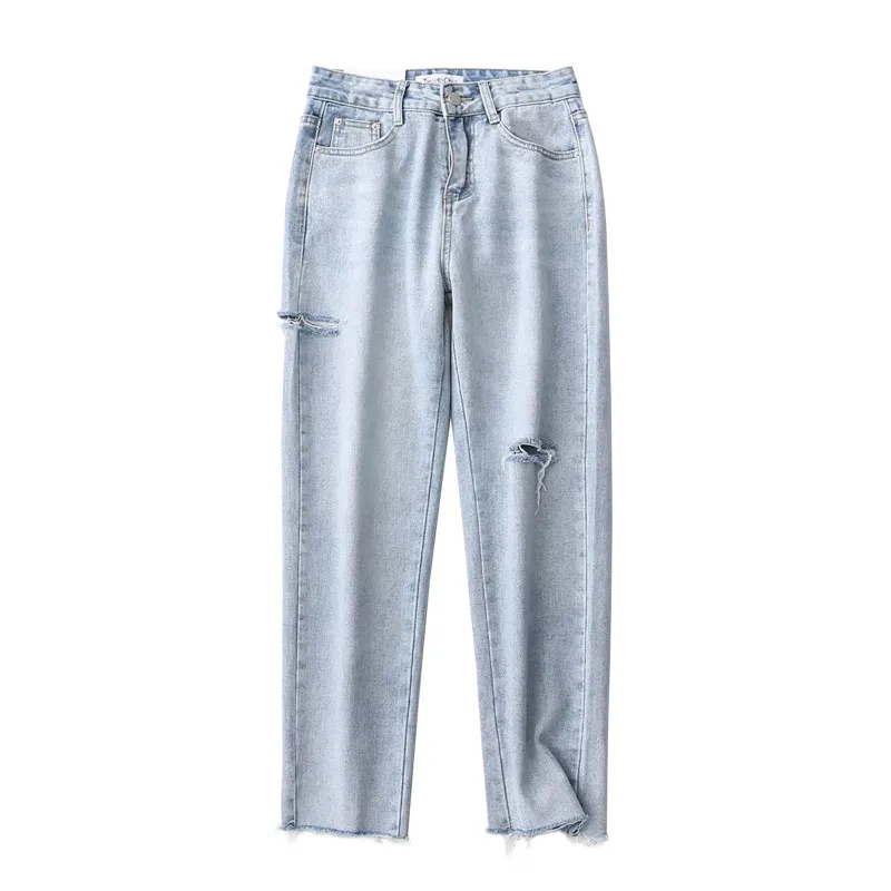 light blue Рваные джинсы для женщин винтажные джинсы с высокой талией шаровары женские джинсы для мам прямые джинсовые брюки Mujer - Цвет: light blue