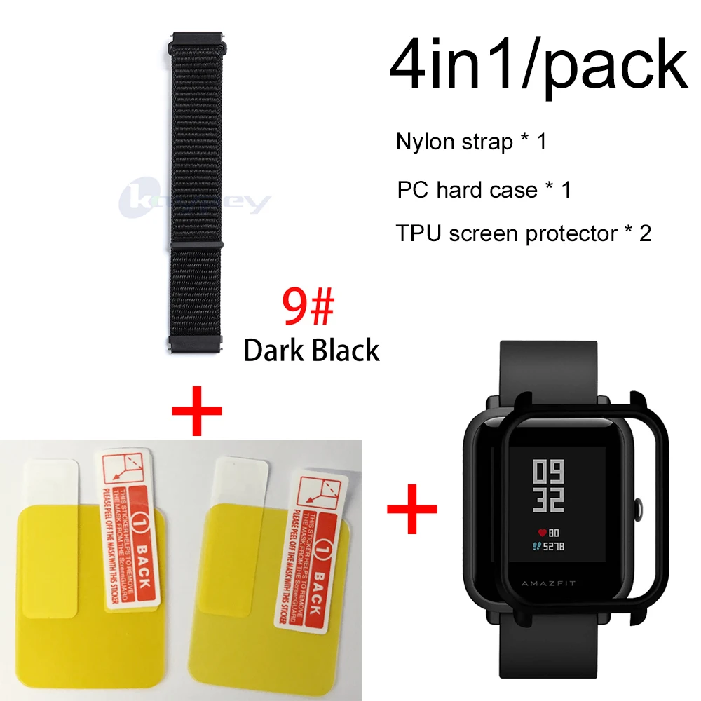 4в1 для Xiaomi Huami Amazfit ремешок bip браслет нейлоновая петля Smartwatch Браслет amazfit bip чехол с защитой экрана - Цвет: 9-Black case