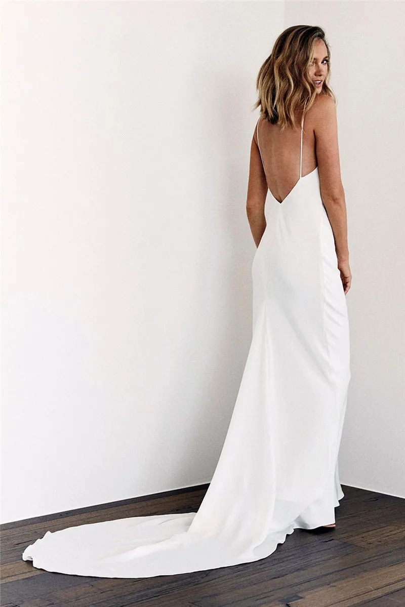 second hand wedding dresses Simple Mermaid Boho Wedding Dresses Sexy Backleess 2021 Spaghetti Strap Satin Chiffon Bridal Gowns V-neck Beach Vestido De Noiva lace wedding dress