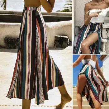 

Women Boho Holiday Beach Long Skirt Elastic Waist Split Skirt Ladies Casual Sexy Stripe High Waist Sundress