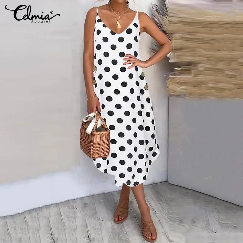 Plus Size Sundress Celmia Women Summer Dress 2019 Sexy Straps Casual V neck Sleeveless Point Dot Vestidos Asymmetric Plus Size 7