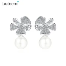 LUOTEEMI, изысканные серьги-гвоздики с искусственным жемчугом для женщин, роскошный цветок CZ, женские серьги для свадьбы, вечеринки, рождественский подарок