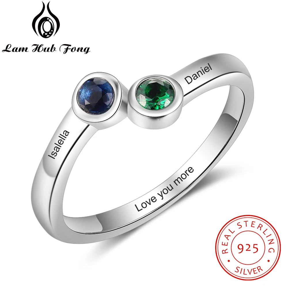 

Personalized 925 Sterling Silver Ring Engraved Name Ring with 2 Birthstone Fine Jewelry Custom Wedding Jewelry(Lam Hub Fong)