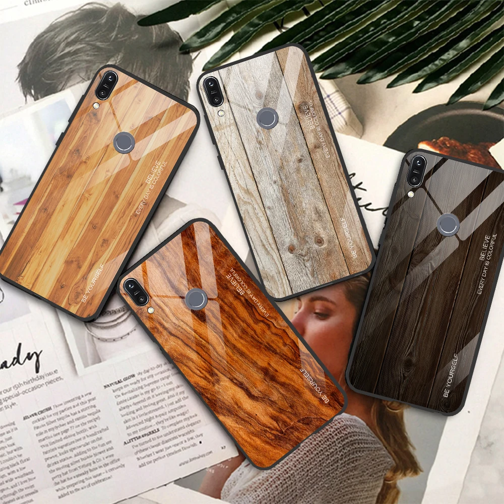 

Luxury Tempered Glass Phone Case For For Asus Zenfone Max Pro M2 Cover Case M1 ZB631KL ZB602K ZB602 ZB633KL Wooden Case Coque