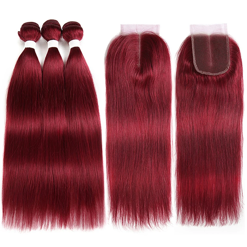 

99J Burgundy Red Color Straight Human Hair Weaves 3 Bundles With Lace Closure 4x4 EUPHORIA Brazilian Remy Hair Weft Extensions