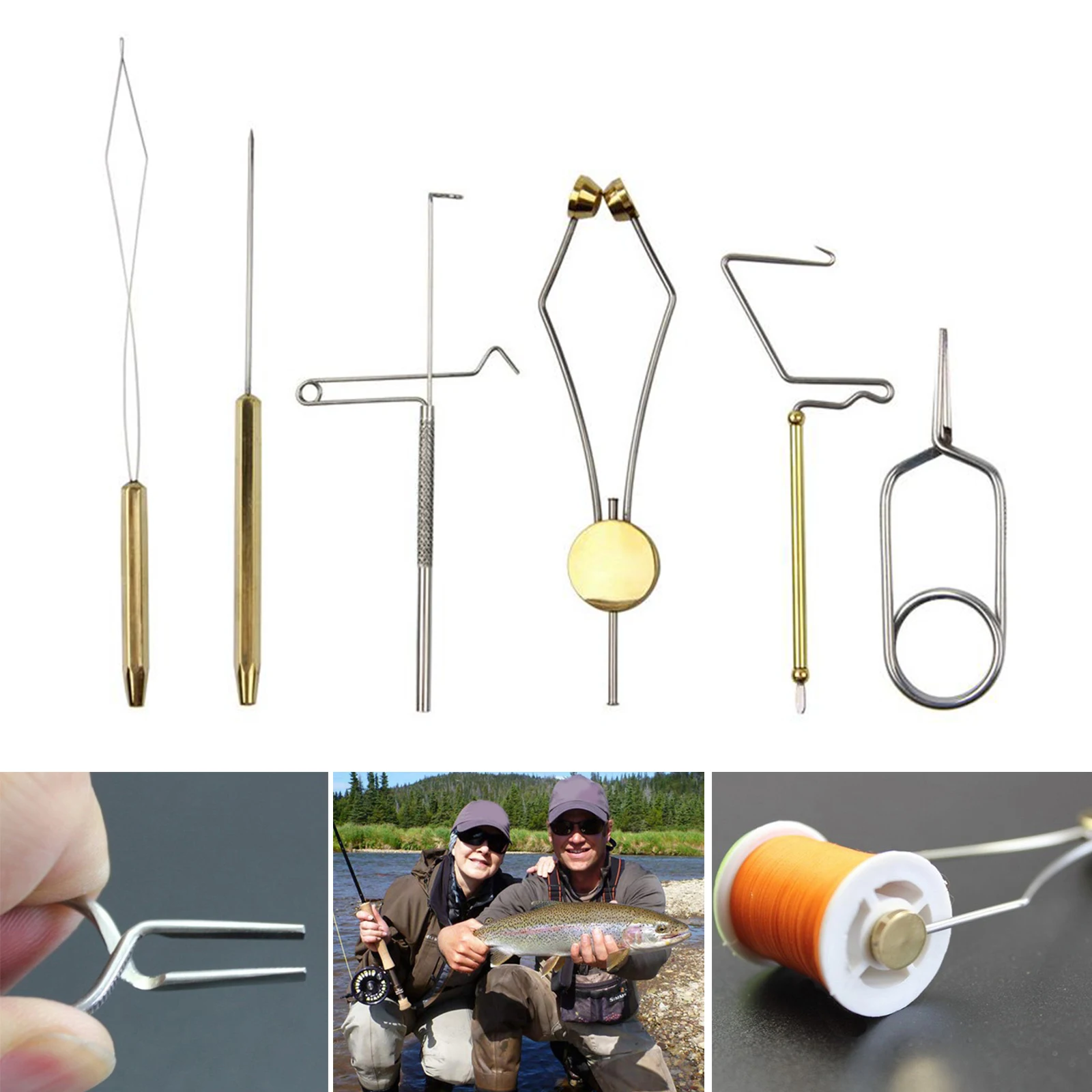 6pcs/set Fly Tying Tools Kit Bodkin Dubbing Needle Brass Bobbin Threader Whip Finisher Handle