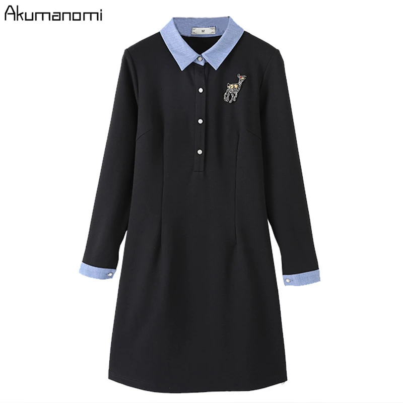 Осенне-весеннее черное платье размера плюс 5XL 4xl-l, женское платье с отложным воротником и длинным рукавом, повседневные офисные вечерние мини-платья vestidos robe
