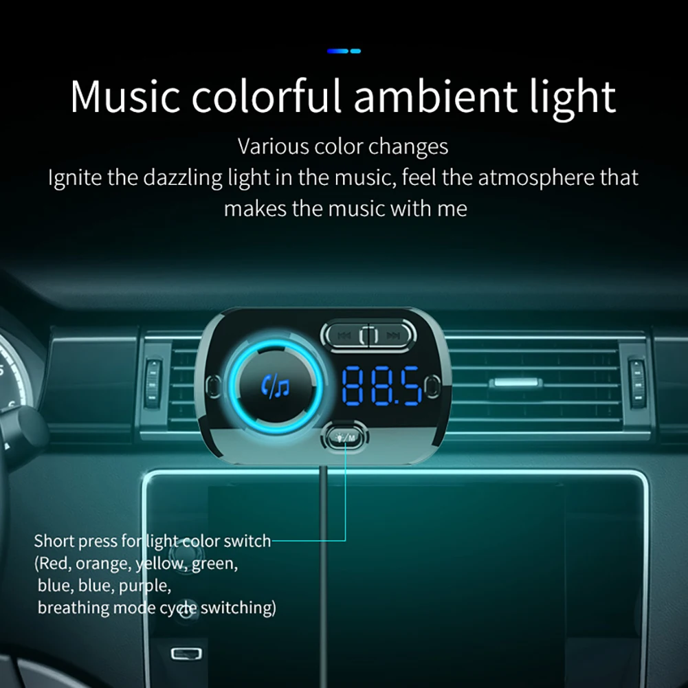 Car Handsfree Bluetooth MP3 Player Speaker Wireless QC3.0 Fast Charge FM Transmitter Atmosphere Light