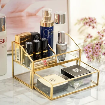 

New Gold Makeup Organizer With Drawer Fashion Glass Makeup Brush Storage Box Jewelry Box Cosmetic Tube Clear Lipstick Holder
