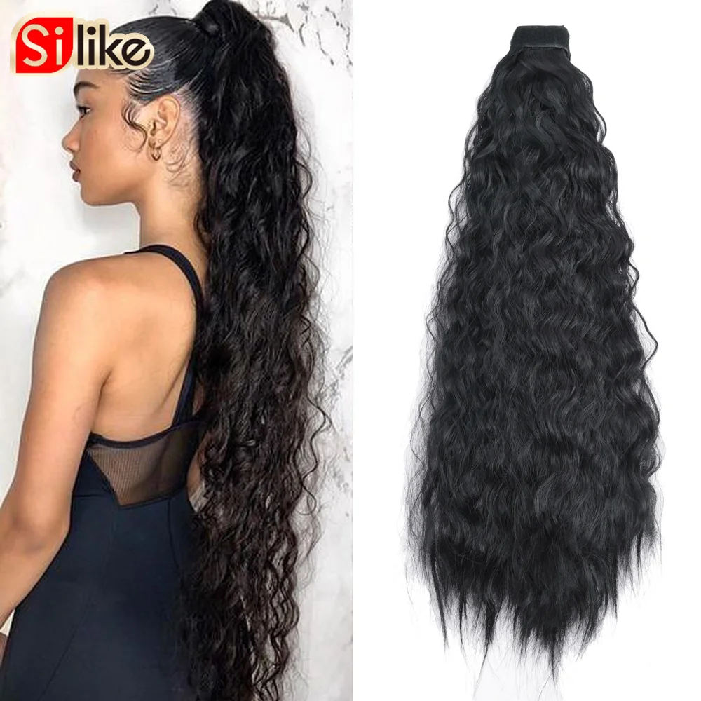 Silike Water Wave Wrap Synthetic clip In Ponytail Hairpiece With Hairpins 24 Inch Drawstring Ponytail 110g/Pack African American