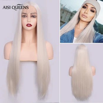 

AISI QUEENS Synthetic Lace Front Wig Natural Long Straight Light Blonde Free Parts for Black White Women Cosplay Hair