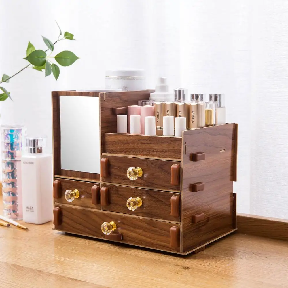  Desktop Wood Makeup Organizer Cosmetic Storage Box with Drawers Skin Care Product Storage Rack Jewe