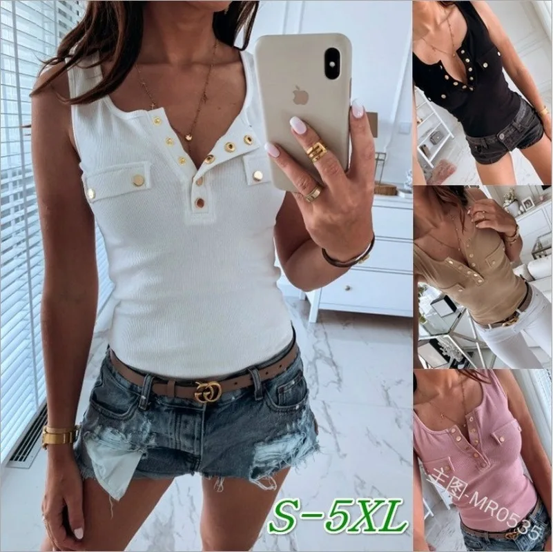 Модная Летняя женская обувь На пуговицах нить без рукавов Футболка Slim Fit