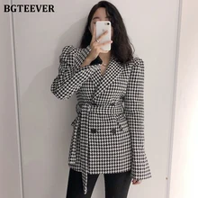 BGTEEVER, винтажный клетчатый шерстяной Блейзер для женщин, длинный рукав, двубортный, на шнуровке, женское Смешанное пальто, куртка, зимние пальто