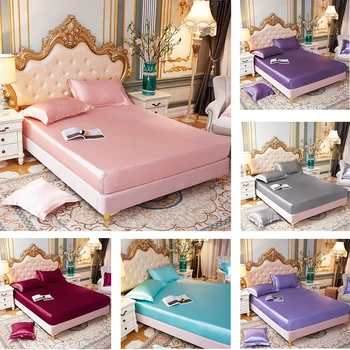 

Pure Color Bed Sheets and Pillowcases Bedspread Ice Silk Mattress Cover Dust Cover Silky Washed Fitted Bed Sheet