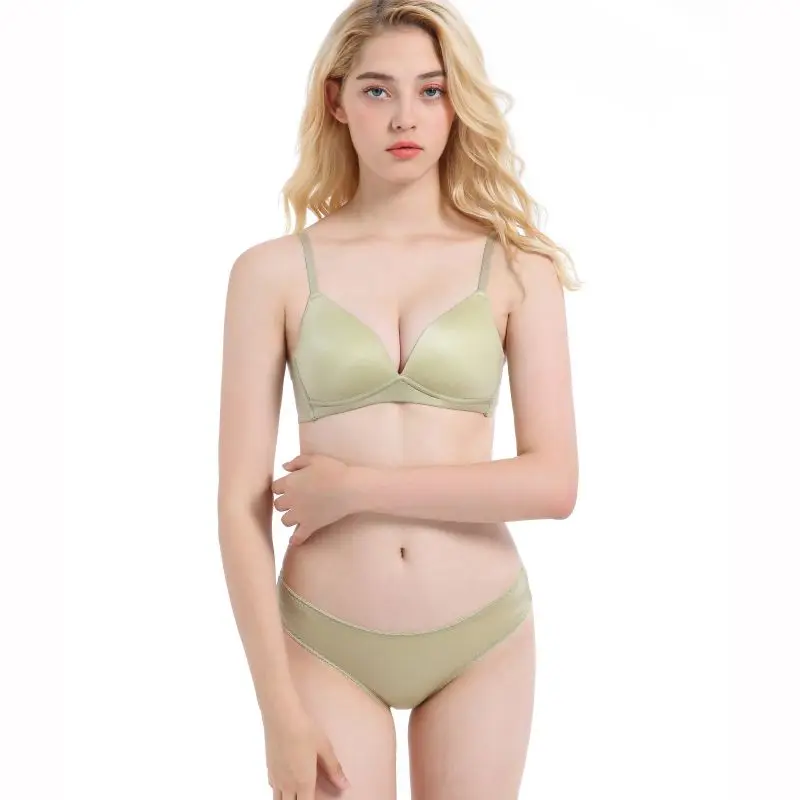 Underwear Women Set Bra And Briefs Comfortable Smooth No Trace Deep V No Steel Ring Bra+ Panties Underwear Bra Set - Цвет: Green