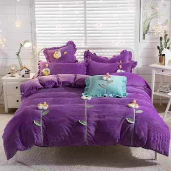 

Luxury Winter Velvet Fleece Short Plush Bedding set Handmade Flowers Embroidery Duvet Cover Bed Linen Fitted Sheet Pillowcases