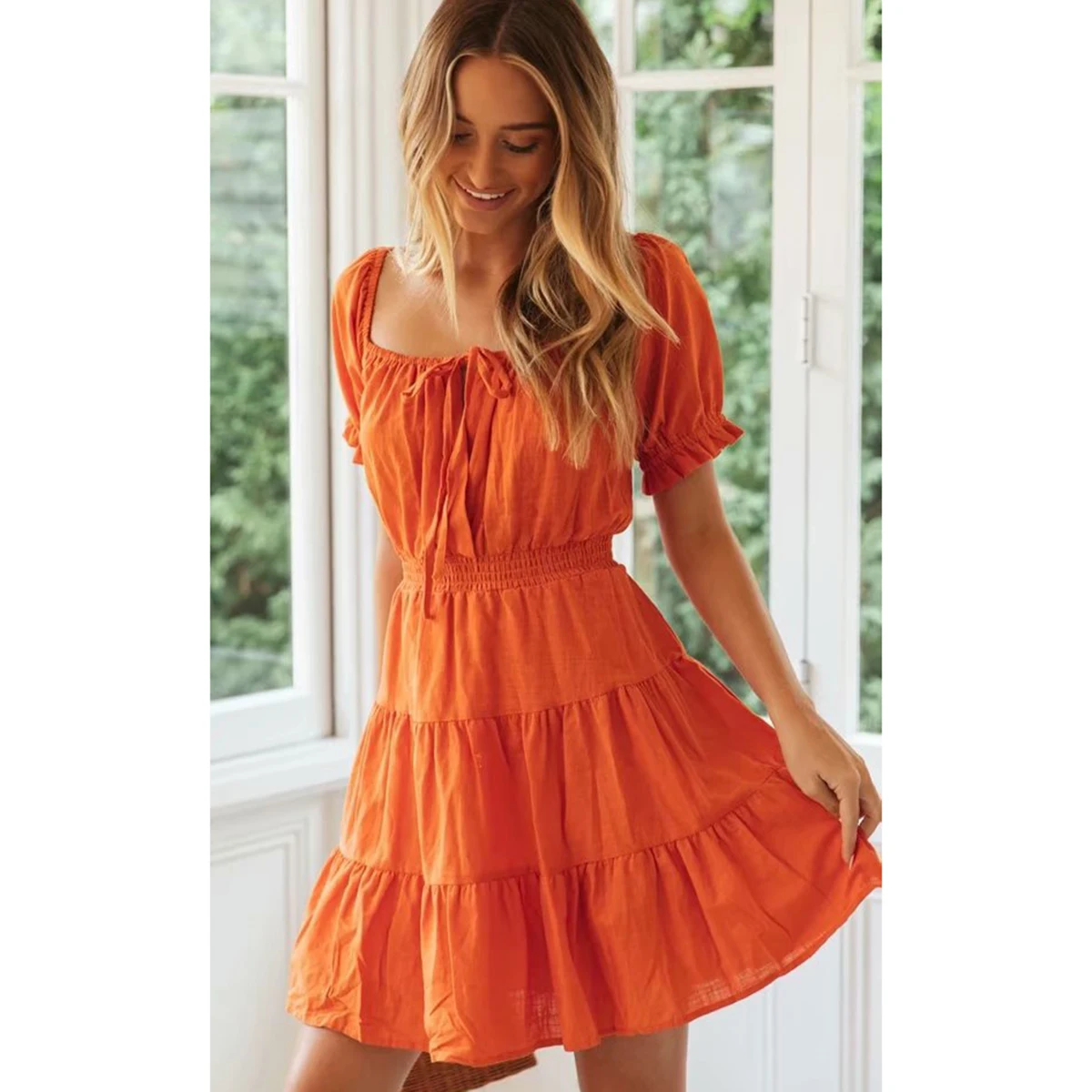 Solid Elegant Woman Mini Dress Square Collar Puff Sleeve Vintage Chic Vestidos Summer Casual High Waist Ladies Short Dress
