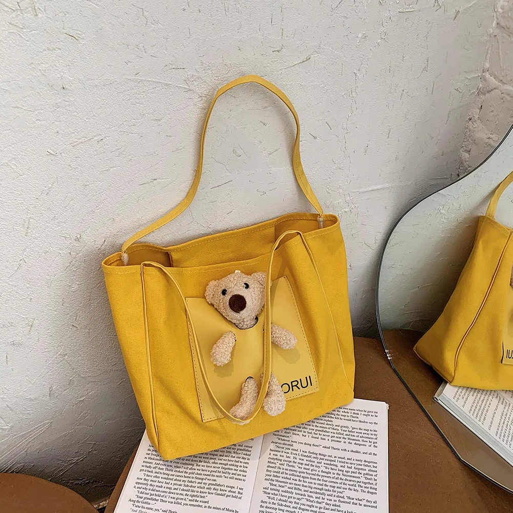 Sac à main en toile pour femmes, fourre-tout à la mode, décor de poupée d'ours, sac à bandoulière mignon, sac à poignée supérieure pour dames filles, Shopping quotidien