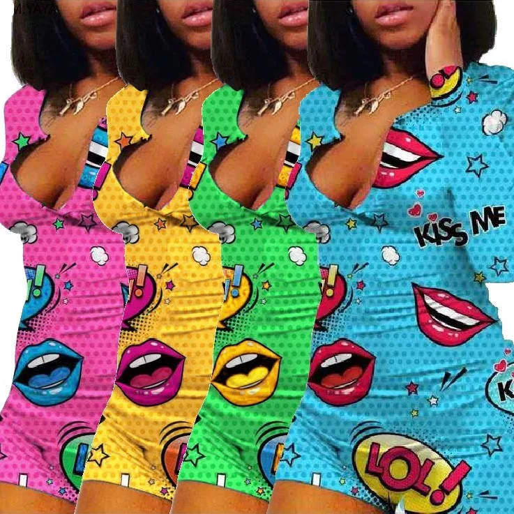 

Echoine Women Playsuit Activewear Sexy Lip Kiss Printed Button Up Long Sleeve Sports Club Party Shorts Bodycon Bodysuit Rompers
