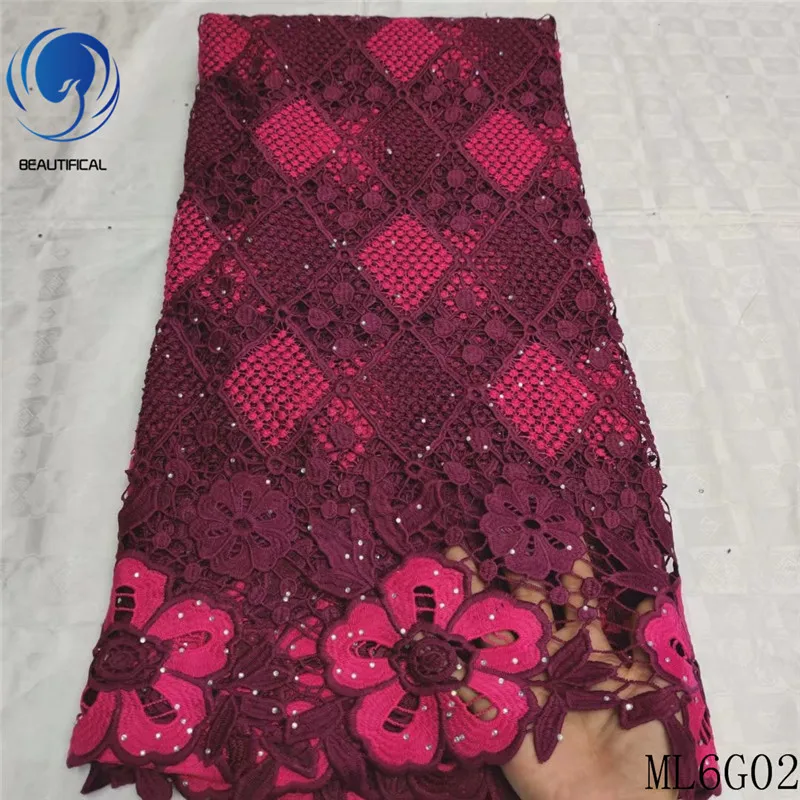 

BEAUTIFICAL nigerian lace fabrics Hot sale polyester african guipure lace with stones embroidery cord lace for wedding ML6G02