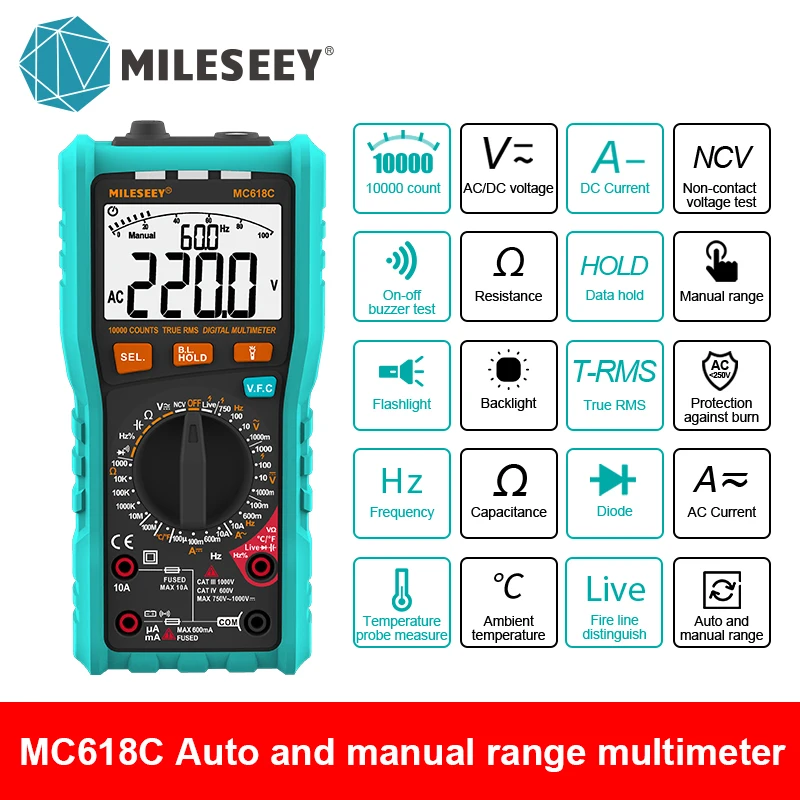 Mileseey NCV Digital Multimeter Auto Ranging AC/DC voltage meter Flash light Back light Large Screen starrett vernier caliper Measurement & Analysis Tools