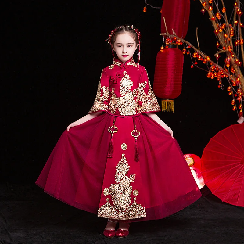 

Winter Girl Red Modified Cheongsam New Year'S Dress Children'S Chinese Style Tang Suit Little Girls Han Costume Chinese Garment