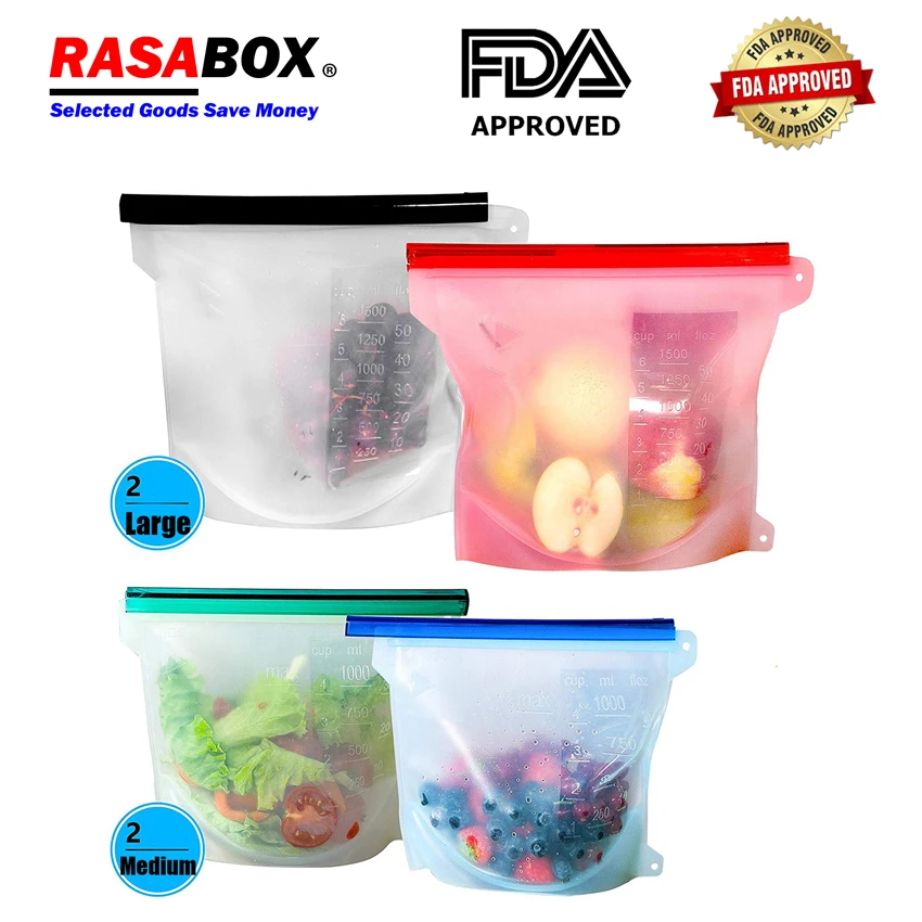 

RASABOX - Food Storage & Organization Sets, Reusable Silicone Bags, Freezer for Snack Lunch Sandwich, Seal