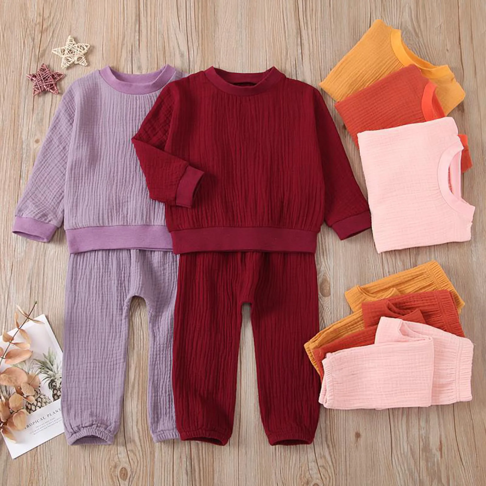 

6Months-3Years Infant Baby Girls Long Sleeve Solid Ruffles Tops+ Solid Pants Outfits Cotton and linen fabric Skin-friendly M5