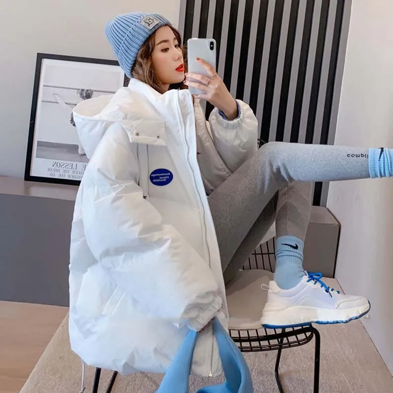 2023 Women Candy Colors Winter Hooded Puffer Jacket Female Loose Long Sleeve Thicken Coat Harajuku Warm Oversize Parkas White