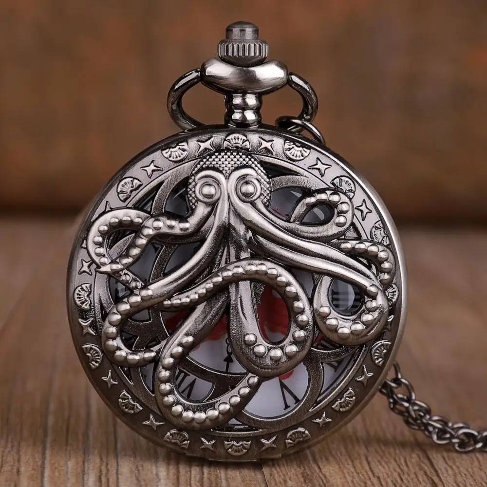 

New Arrvial Unique Octopus Hollow Half Hunter Quartz Pocket Watch Steampunk Black Pocket Watch with Necklace Chain Gift for Kids