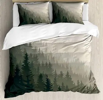 

Forest Duvet Cover Set Northern Parts of The World with Coniferous Trees Scandinavian Woodland 3 Piece Bedding Set Green Cream