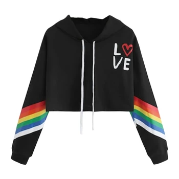 

New Spring Autumn Fashion Women Short Hoodies Long Sleeve Letter Print Rainbow Striped Hooded Pullover Sweatshirt