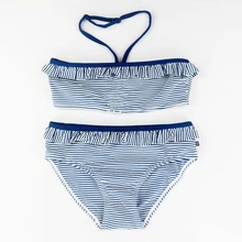 Купальник из двух частей комплект бикини для девочек 8-16 лет, купальный костюм темно-синего цвета в полоску, детский купальный костюм детский танкини, детская пляжная одежда