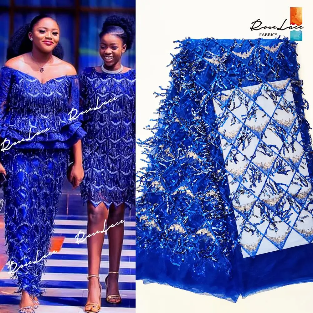 

Tassel Sequins Mesh Net Lace Fabrics Royal Blue Color Noble Sequined Embroidered Guipure Tulle Laecs Prom Bride Dresses Fabrics