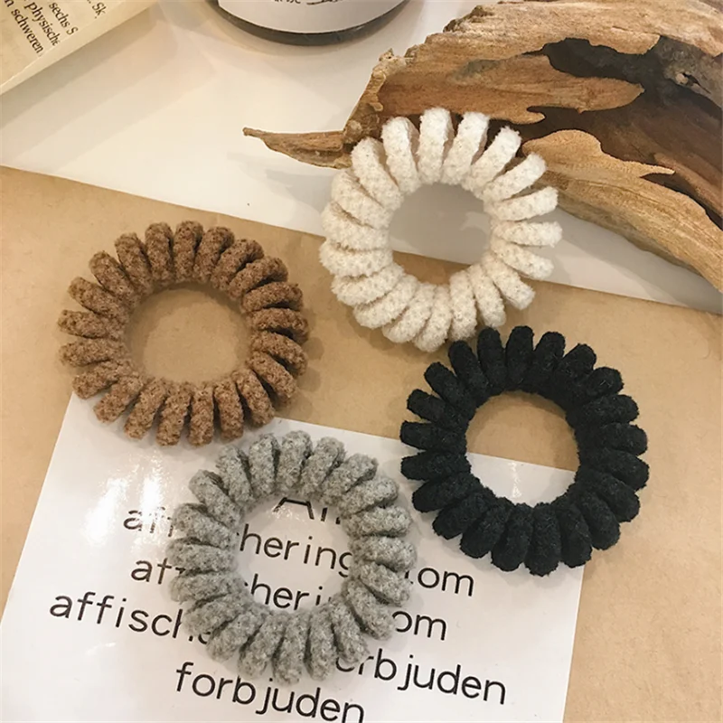 

4pcs Women Elegant Faux Wool Twist Telephon Rubber Bands Simple Solid Elastic Hair Bands Personality Stretch Rope Bands