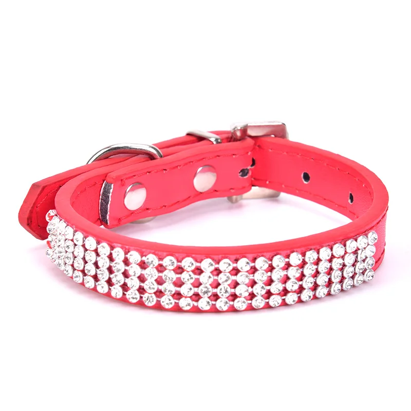 1PC Bling Pet Crystal collar Rhinestone PU Leather Crystal Diamond Puppy Dog Cat traction rope necklace size can be adjusted - Цвет: 32CMx1.5CM