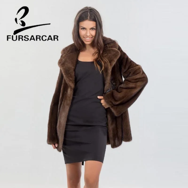 FURSARCAR Элитная норки пальто Для женщин 2018 новые зимние плотные женские норковая шуба с отложной воротник натуральный Меховая куртка