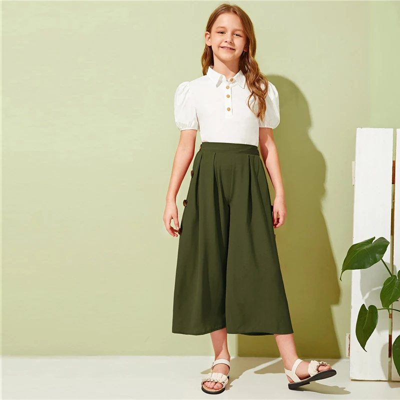 SHEIN Kiddie Girls Solid Button Side Pleated Palazzo Casual Pant Kids Bottom Summer High Waist Teenagers Loose Pants