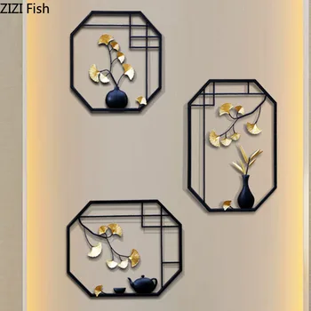 

Chinese Room Wall Decoration Ginkgo Biloba Simulation Teapot Vase Hanging Ornaments Iron Backdrop Display Vintage Home Decor