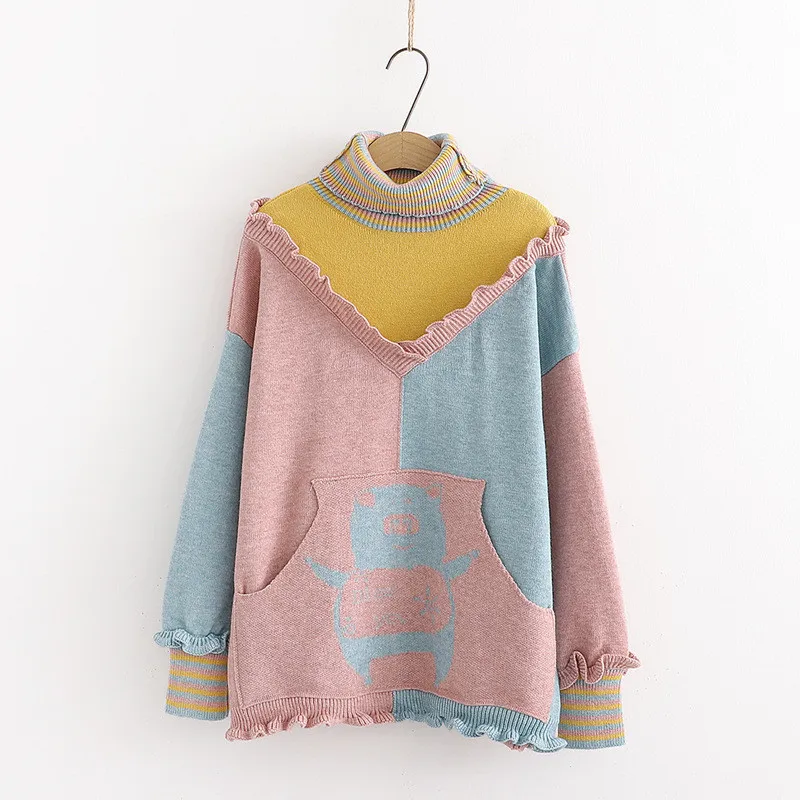 Осень-зима, Модный Цветной свободный свитер с карманом, милый свитер с рисунком поросенка, рюшами и рукавами-фонариками, Женский пуловер с высоким воротом - Цвет: HYMY01