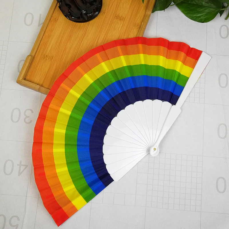Plastic Ribs Oriental Style Rainbow Silk Fabric Pocket Hand Fans Summer Party Favor Promotion Gifts