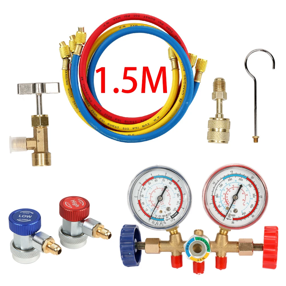 3 Way AC Manifold Gauge Set with Hoses Couplers & Adapter Refrigerant AC Gauges Automotive AC